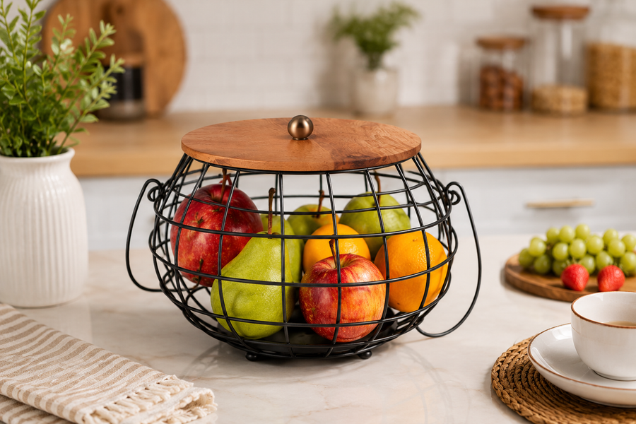 Wire Fruit Basket with Wooden Lid – 23cm