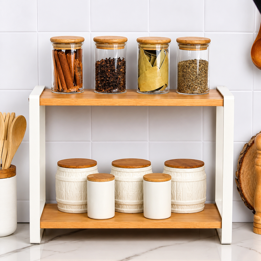 2-Tier Wood & Metal Kitchen Storage Rack