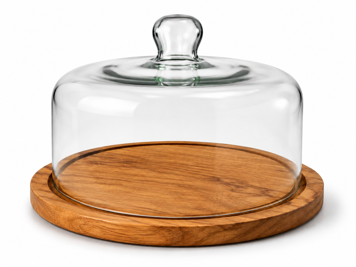 Glass Dome Cake Stand with Wooden Base – 10.5 Inch